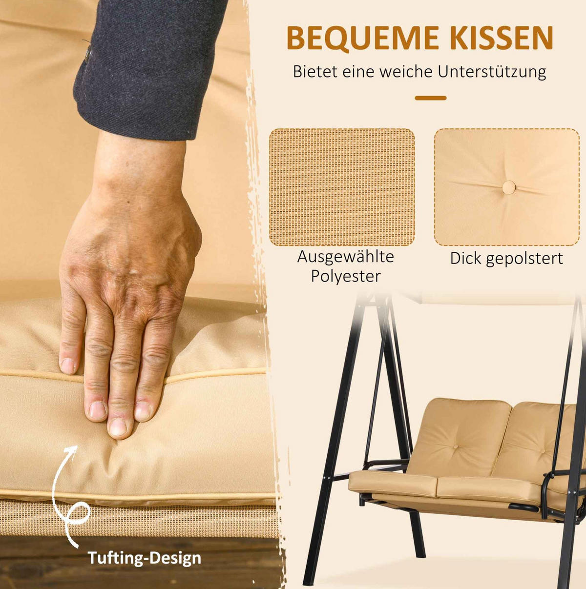 HOLLYWOODSCHAUKEL aus Stahl 138 x 106 x 174 cm in Beige mit Sonnendach - Beige, Metall (106/174/138cm) - Modfu