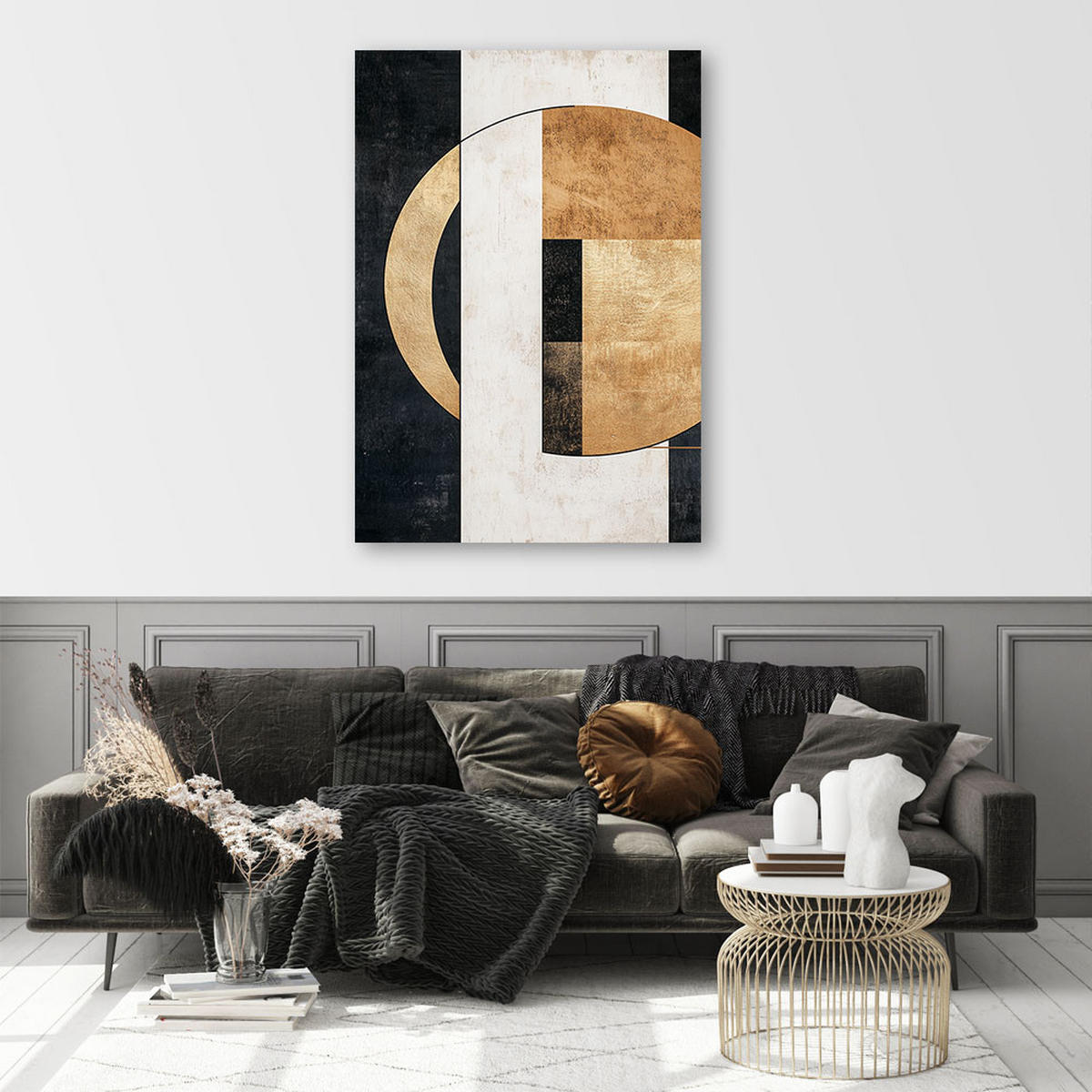LEINWANDBILD Geometrische Abstraktion in Schwarz und Gold 60x90cm - Beige, Textil (60/90cm) - Feeby