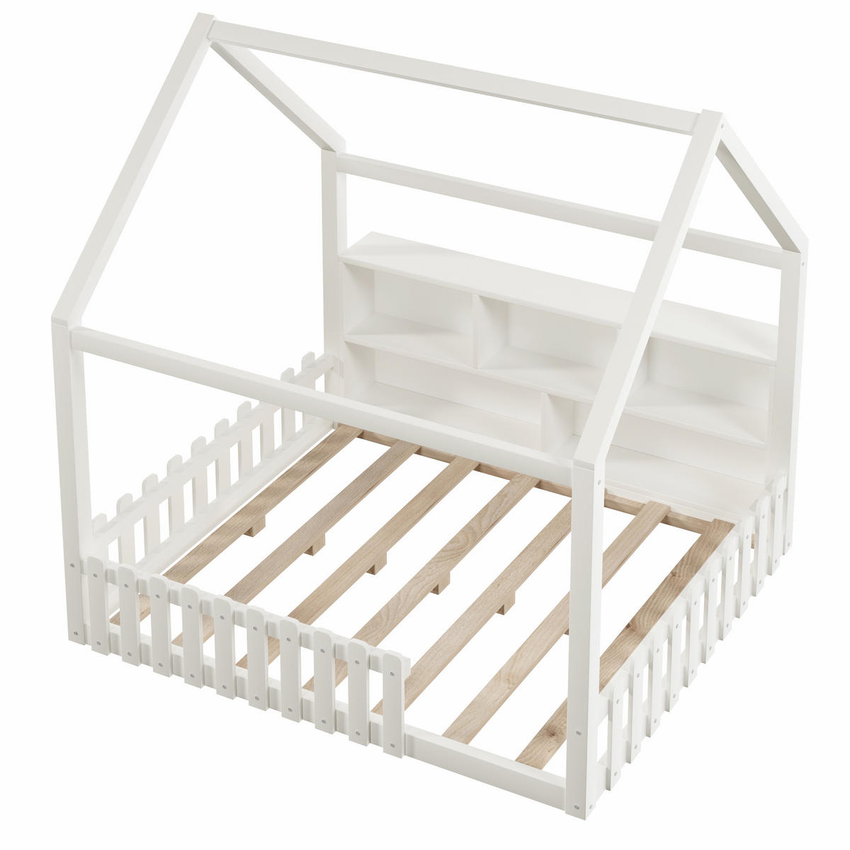 KINDERBETT 140/190 cm Weiß, mit Gitter, LED-Licht, offenen Staufächern und Hausdesign - Weiß, Holz