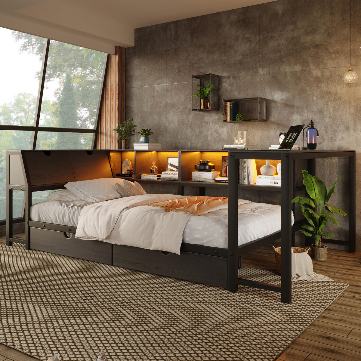 METALLBETT 90x200cm mit Stauraum-Kopfteil, Schwarz - Schwarz, Metall (90/200cm) - KOMHTOM