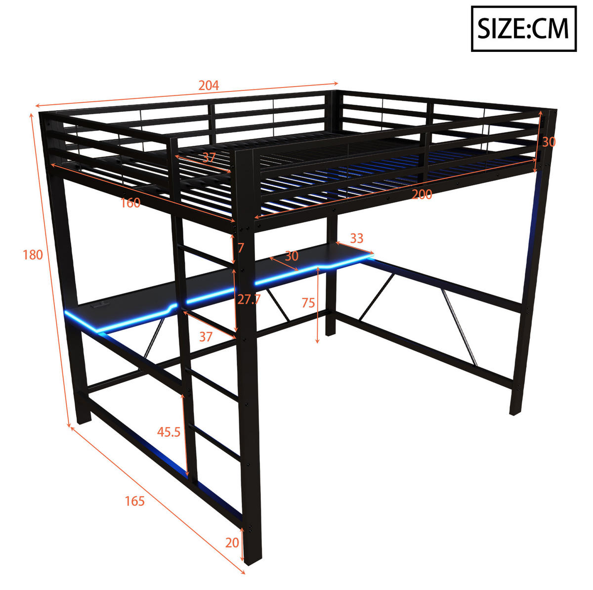 GAMING-HOCHBETT 160x200 cm in Schwarz mit Schreibtisch, LED-Beleuchtung und USB-Ladestation - Schwarz, Holzwerkstoff (160/200cm) - IVMEU