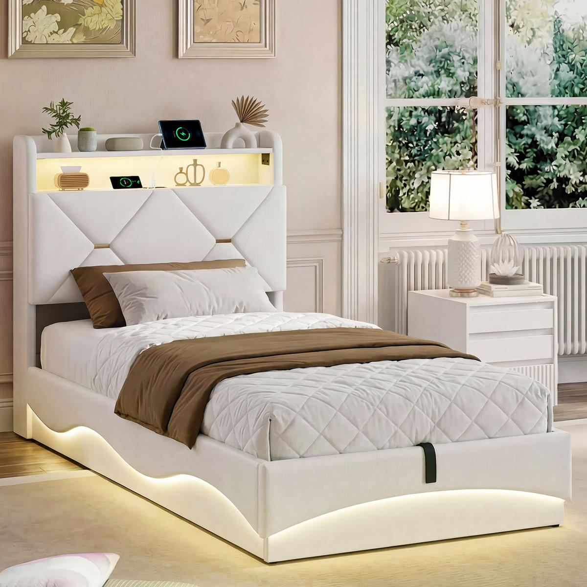 POLSTERBETT 90x200 cm mit Bettkasten, hydraulischer Stauraum, LED, USB & Type-C, Kopfteil mit Ablage und Lattenrost, Beige - Beige, Metall (90/200cm) - EuroLiving