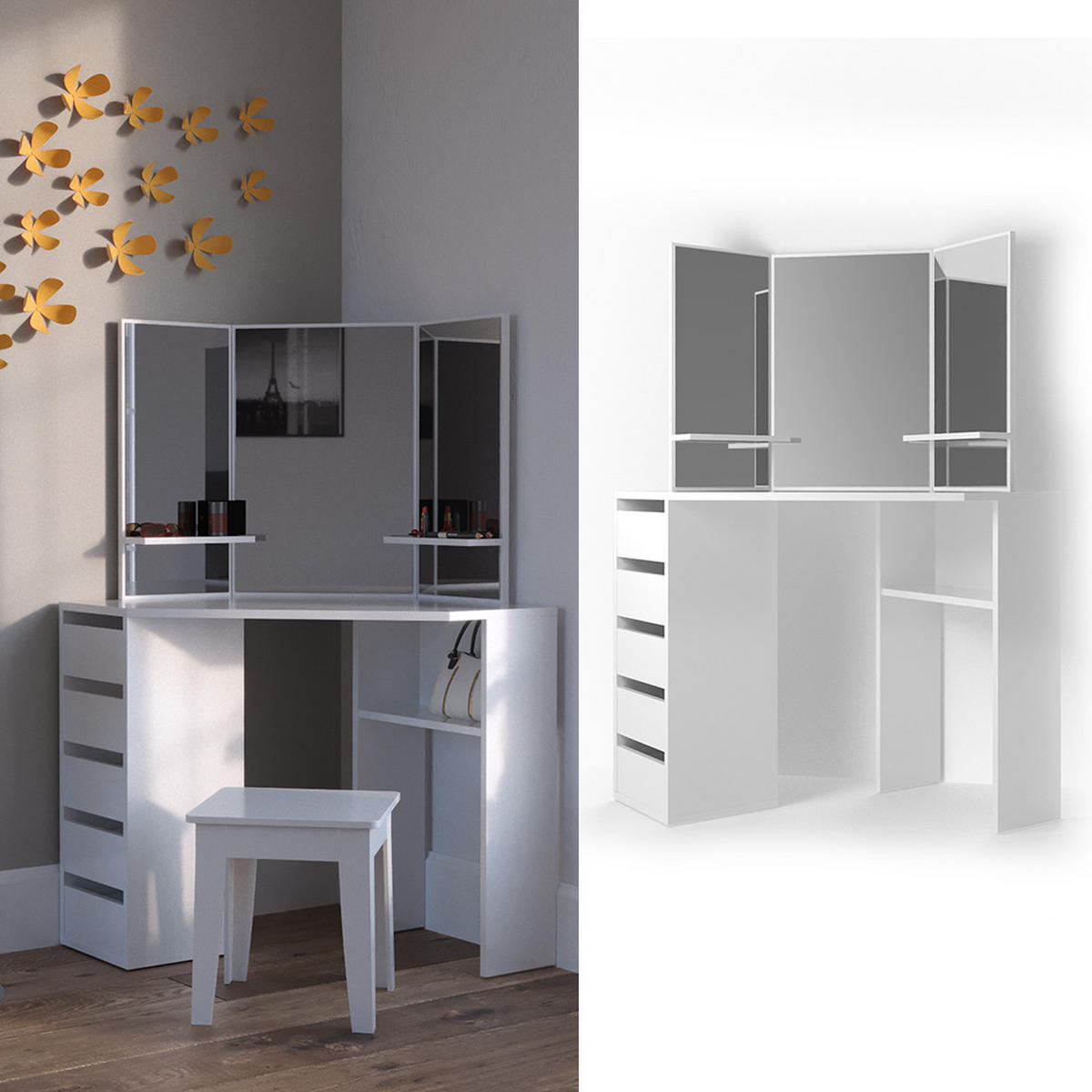 ECKSCHMINKTISCH Arielle Weiß 110 cm - Weiß, Holzwerkstoff (110/141.5/54cm) - Vicco