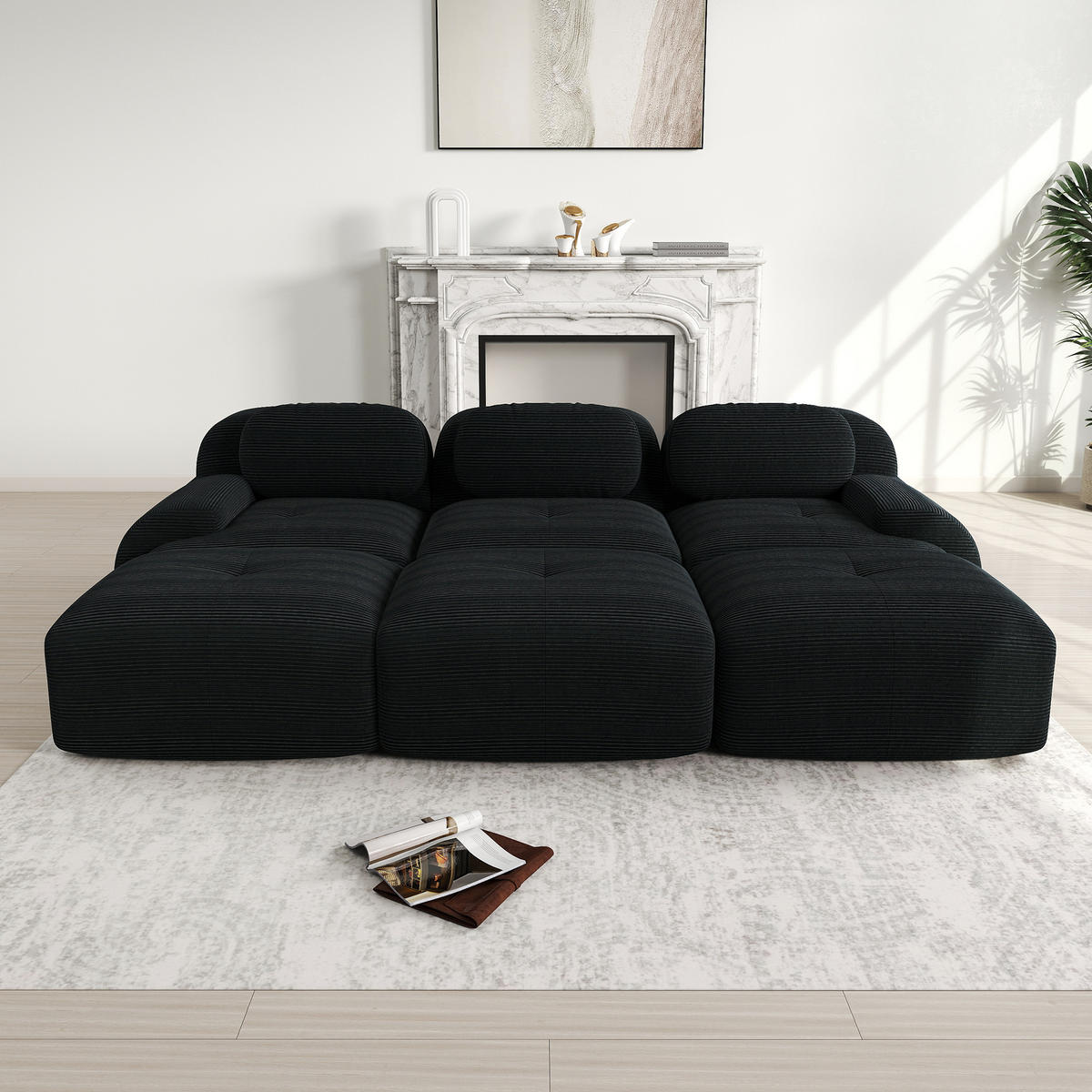 3-SITZER Sofa 298×178×75 cm Cordstoff rahmenlos modular mit 3 Hockern, schwarz - Schwarz, Textil (178/75/298cm)