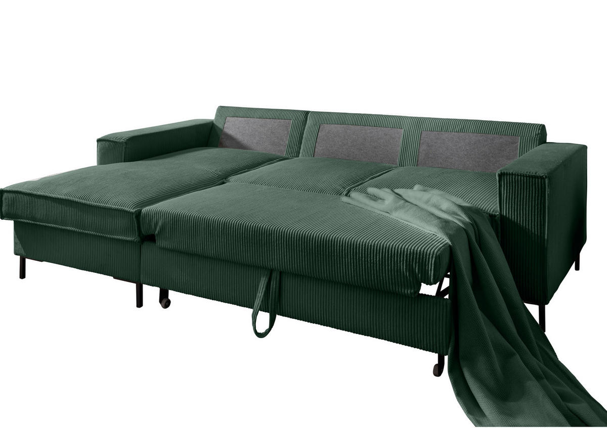 ECKSOFA mit Schlaffunktion, Bettkasten, Wellenunterfederung, Récamiere links B240/T150/H92 cm, Liegefl. 125x198 cm, Cord Grün / 17224 - Schwarz/Grün, Textil/Metall (240/150cm) - luma-home