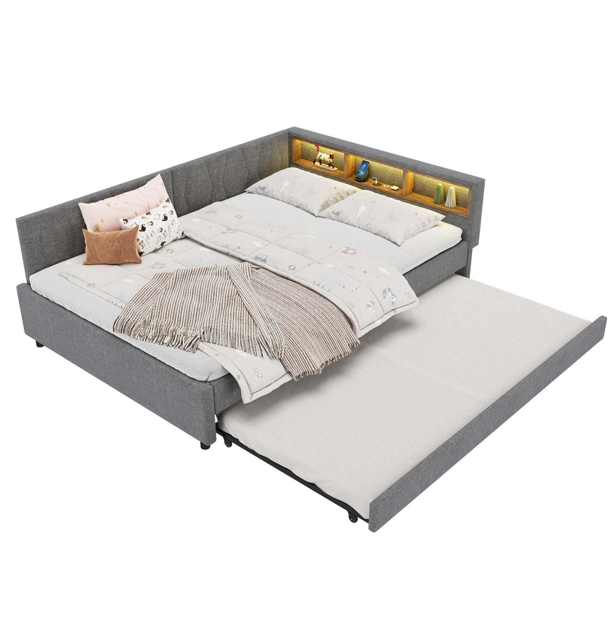 POLSTERBETT 140/200 cm Grau aus Leinen mit USB- und Type-C-Anschlüssen und LED - Grau, Textil (140/200cm) - Flora Grace