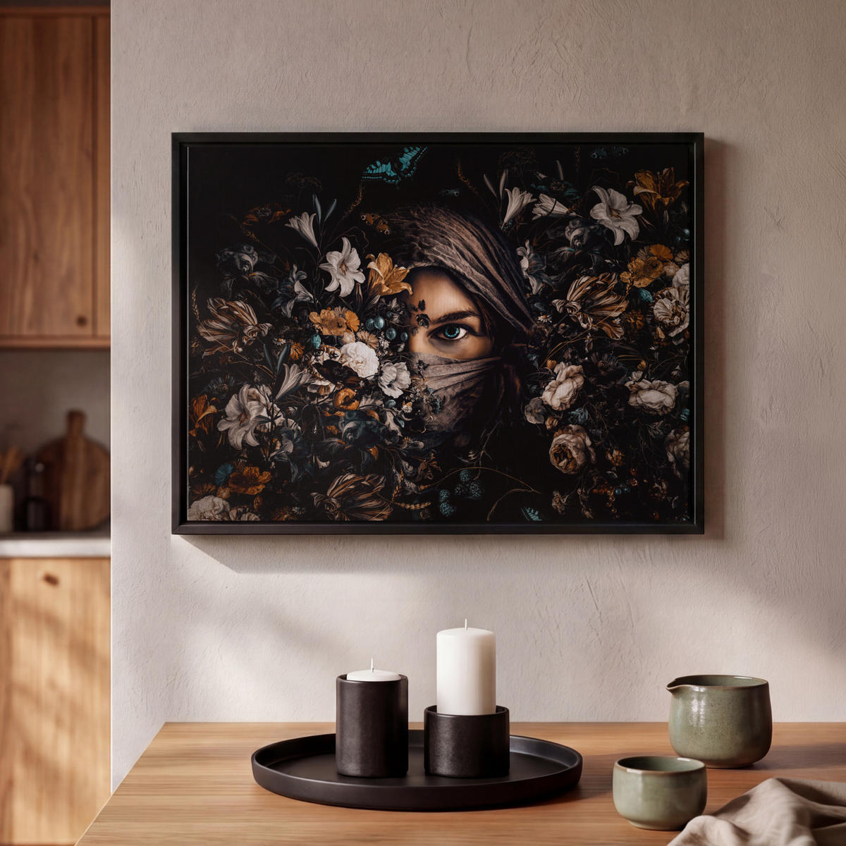 LEINWAND Bilder mit Rahmen - Frau - Luxus - Blumen - Schmetterling - Porträt - 40x30 - Schwarz, Textil (40/30cm) - MuchoWow