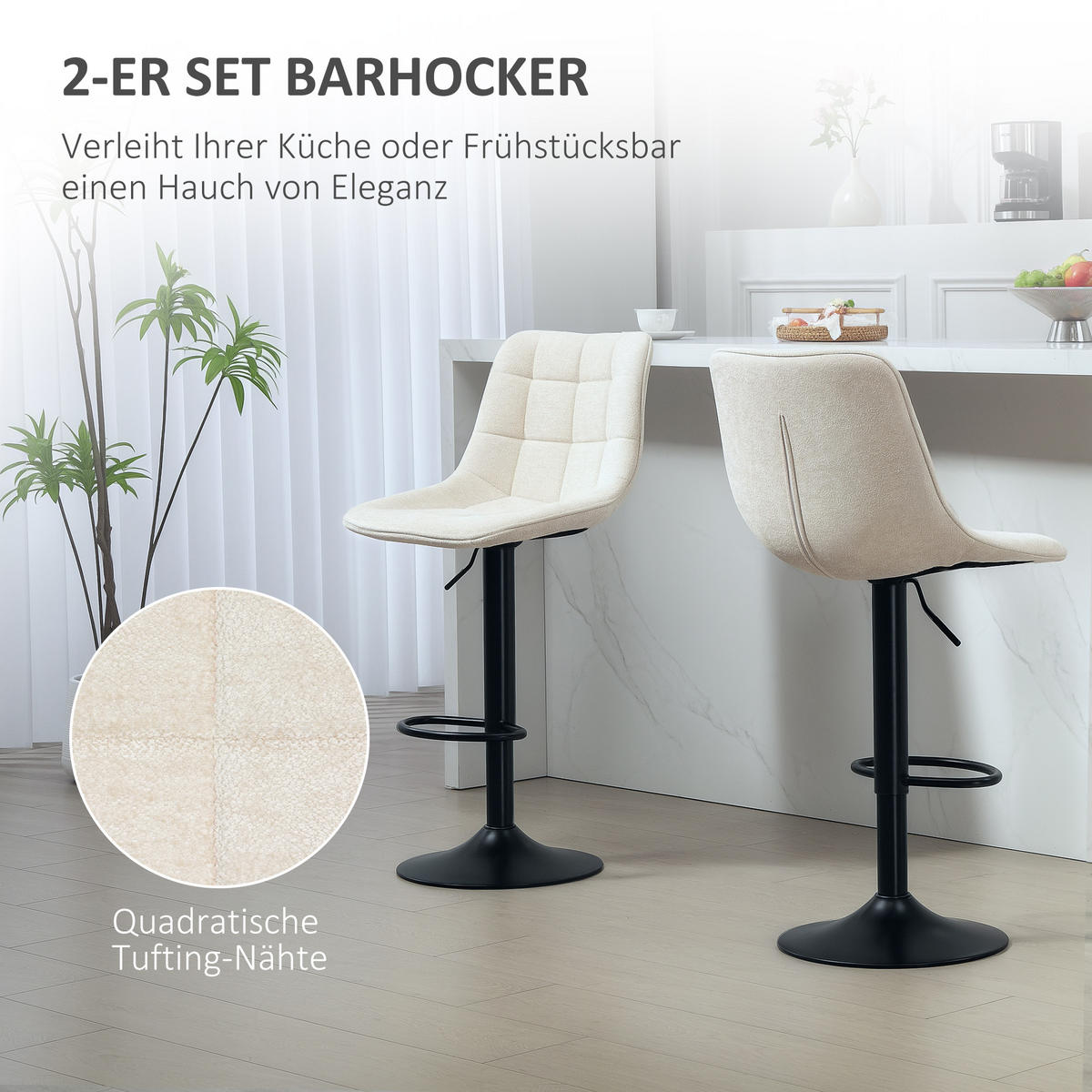BARHOCKER 2er-Set, Gepolstert Barstuhl mit Lehne, Chenille-Optik Beige - Beige/Schwarz, Kunststoff/Textil (47/115.5/48cm) - HOMCOM