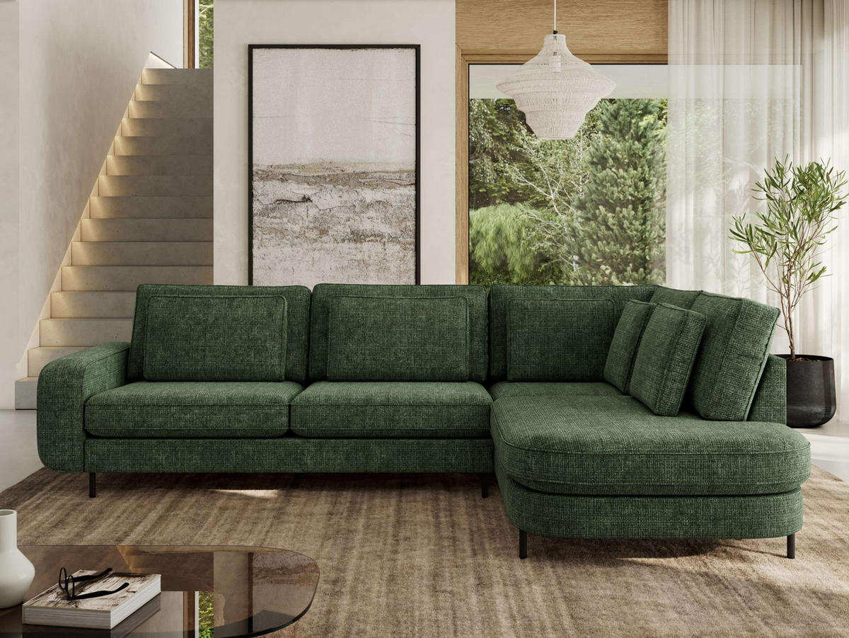 ROHOVÁ SEDAČKA CALENO L - Tmavě zelená hladký senil - Levá Strana - černá/tmavě zelená, kov/textil (317/225cm) - MKS