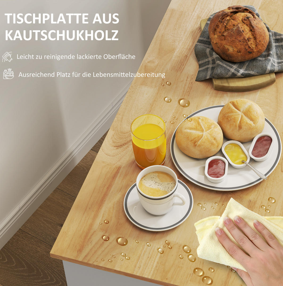 KÜCHENINSEL 107/50/85 cm mit Kautschukholz-Arbeitsplatte, Schubladen, Schrank und Rollen, Eiche - Eichefarben, Holz (107/85/50cm) - Redom