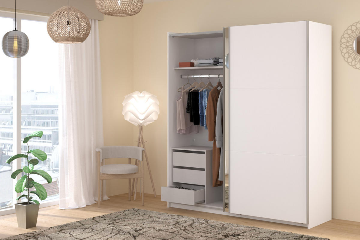 KLEIDERSCHRANK Swing 14 in Weiß von Parisot – Schwebetürenschrank 2 türig mit Schubkasteneinsatz - Weiß, Holzwerkstoff (80/200/120cm)