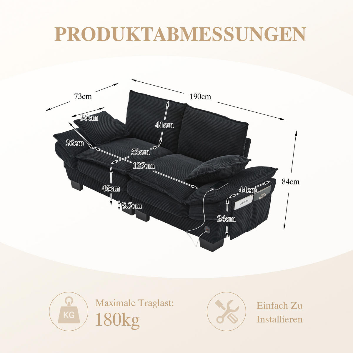 2-SITZER Sofa aus Cord 190x73x84 cm in Schwarz mit USB-C & Seitentaschen - Schwarz, Textil (73/84/190cm) - Modfu