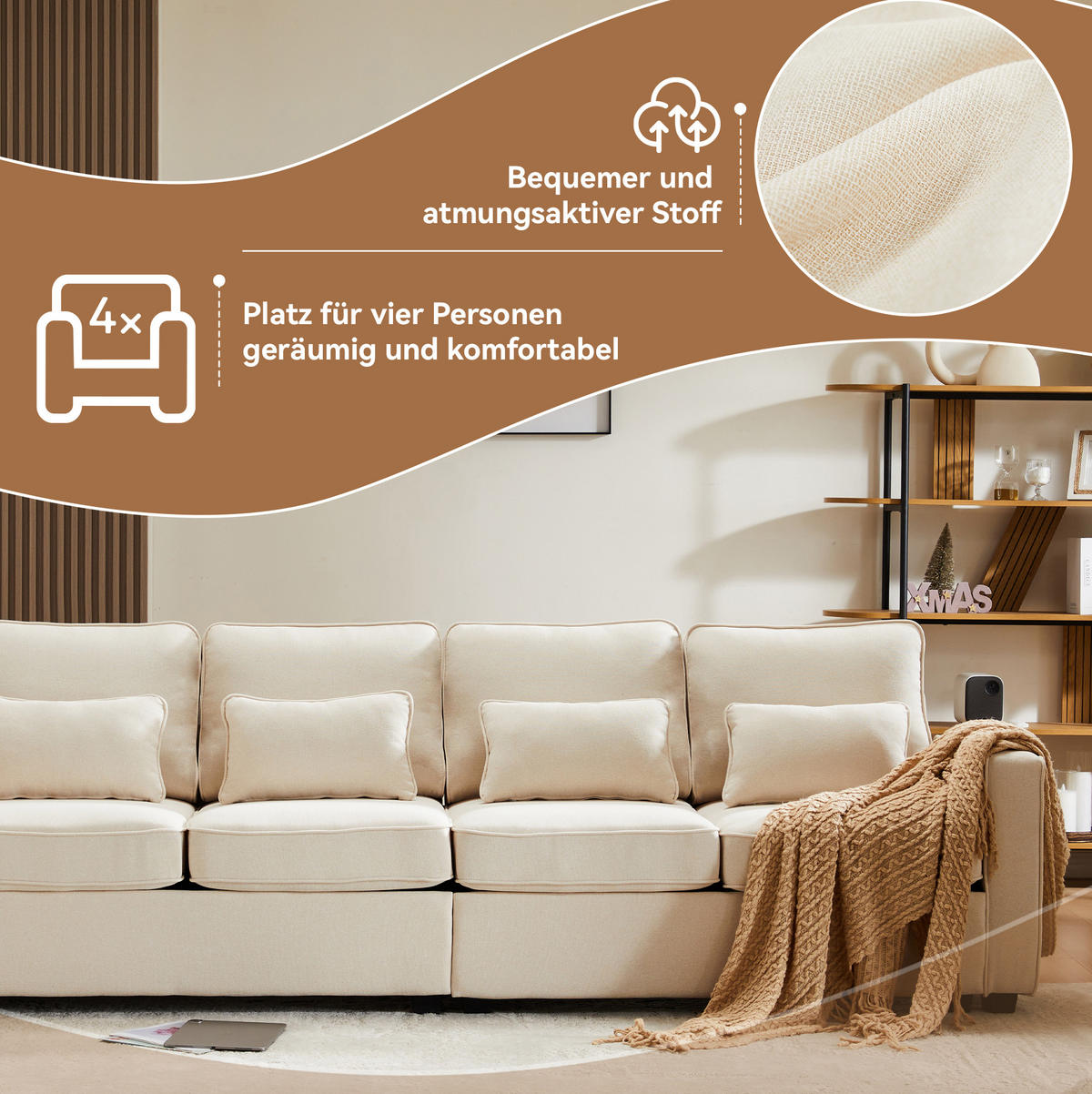 4-SITZER Sofa Leinenstoff mit Armlehnentaschen und 4 Kissen 264/83/87 cm Beige - Beige, Textil (87/264/83cm) - Redom
