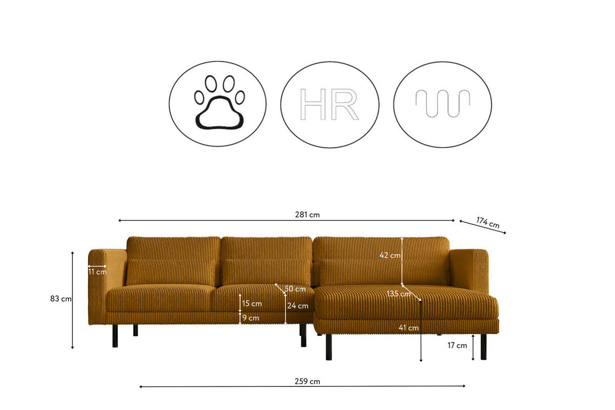ECKSOFA L-form Dani Stoff Poso Senffarbe Rechts - Gelb, Holz (281/174cm) - Kaiser Möbel
