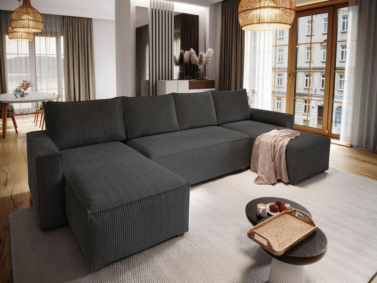 WOHNLANDSCHAFT ASPRA Schwarz Kordstoff mit Schlaffunktion - Schwarz, Holz (295/85/140cm) - MASSENO