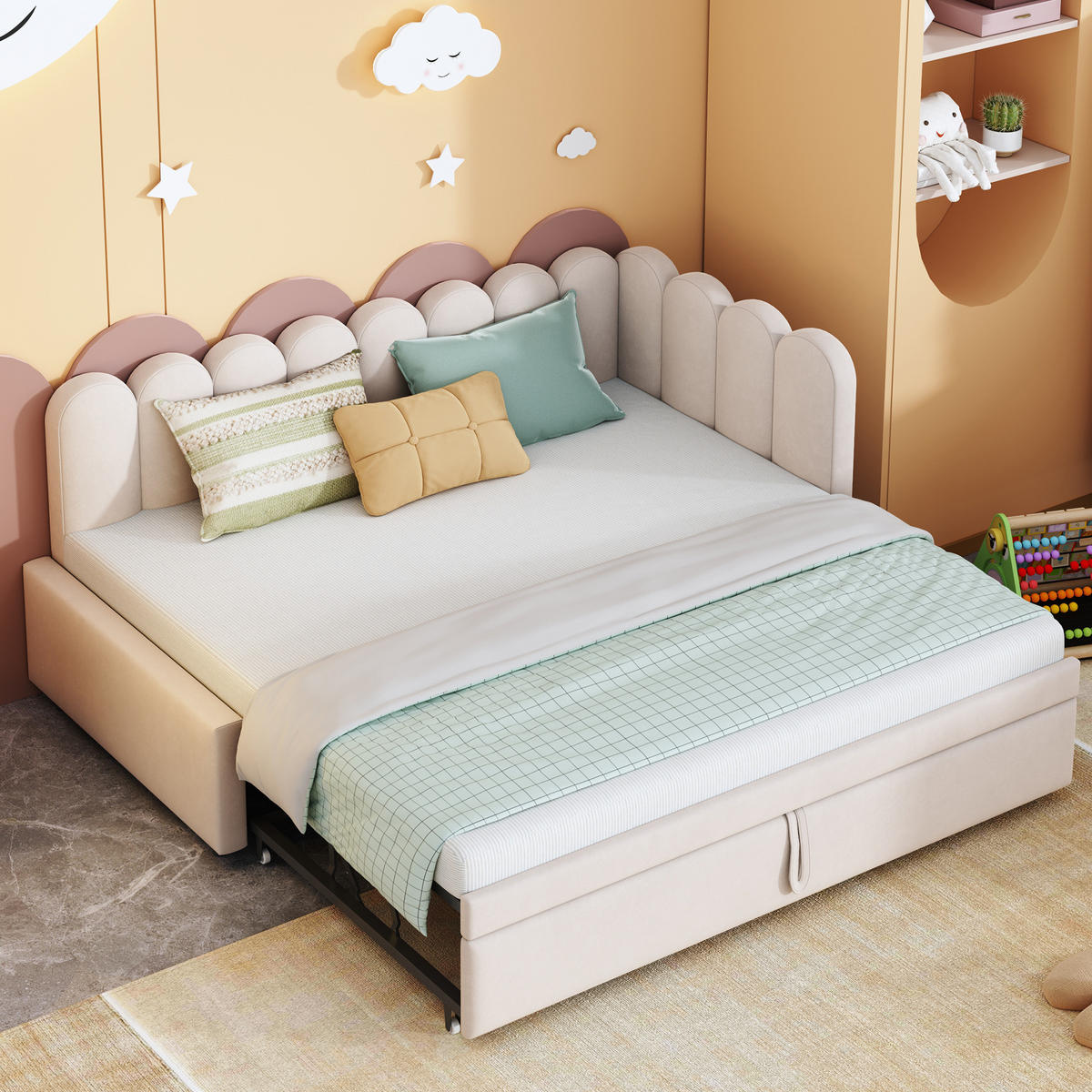 SCHLAFSOFA 90/200 cm mit Ausziehbett, L-Form und Samtbezug, Beige - Beige, Textil (90/200cm) - Redom