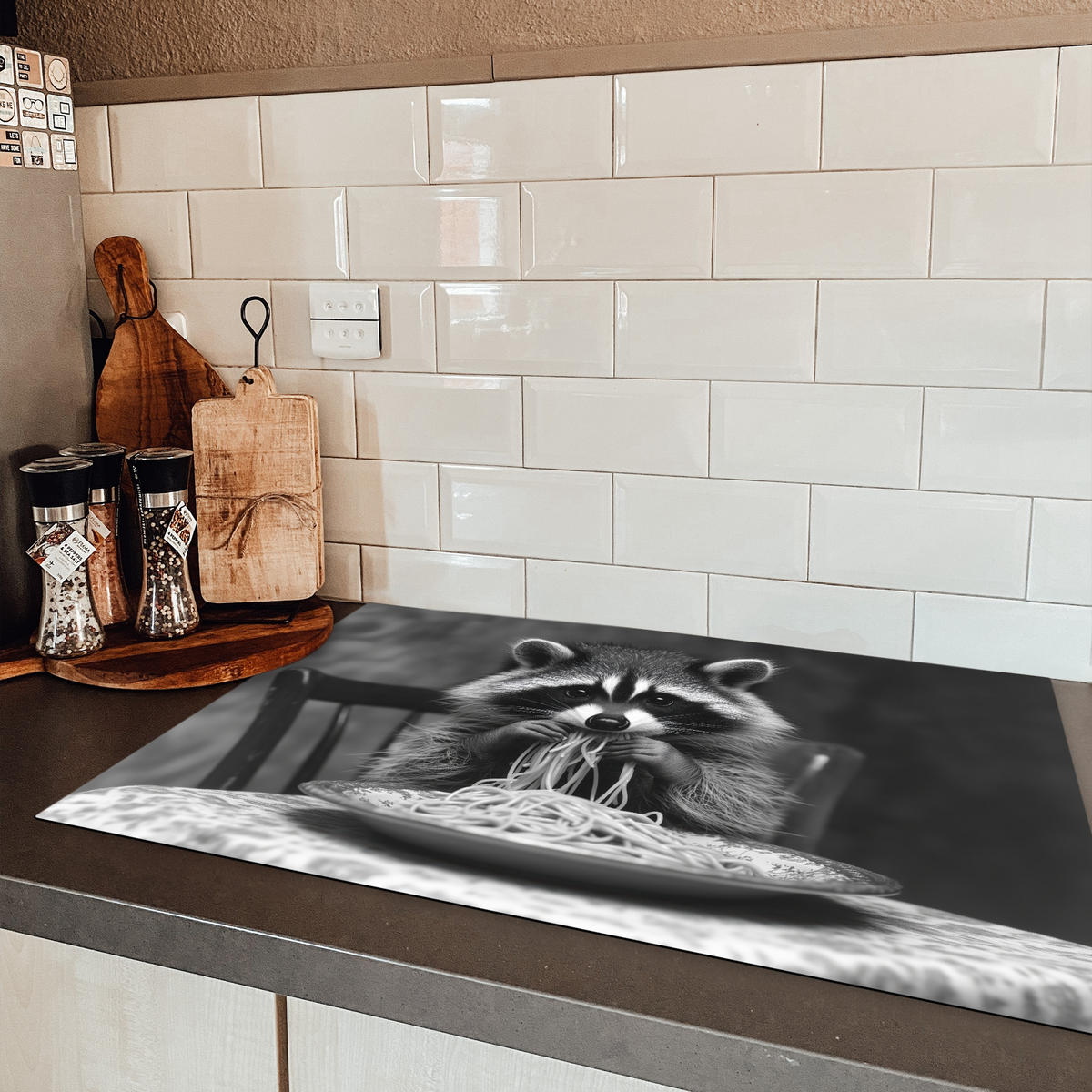 HERDABDECKPLATTE Waschbär - Niedlich - Pasta - Tischtuch - Schwarz - Weiß Induktionsmatte 81x52 cm - Grau, Kunststoff (81/52/0.2cm) - MuchoWow