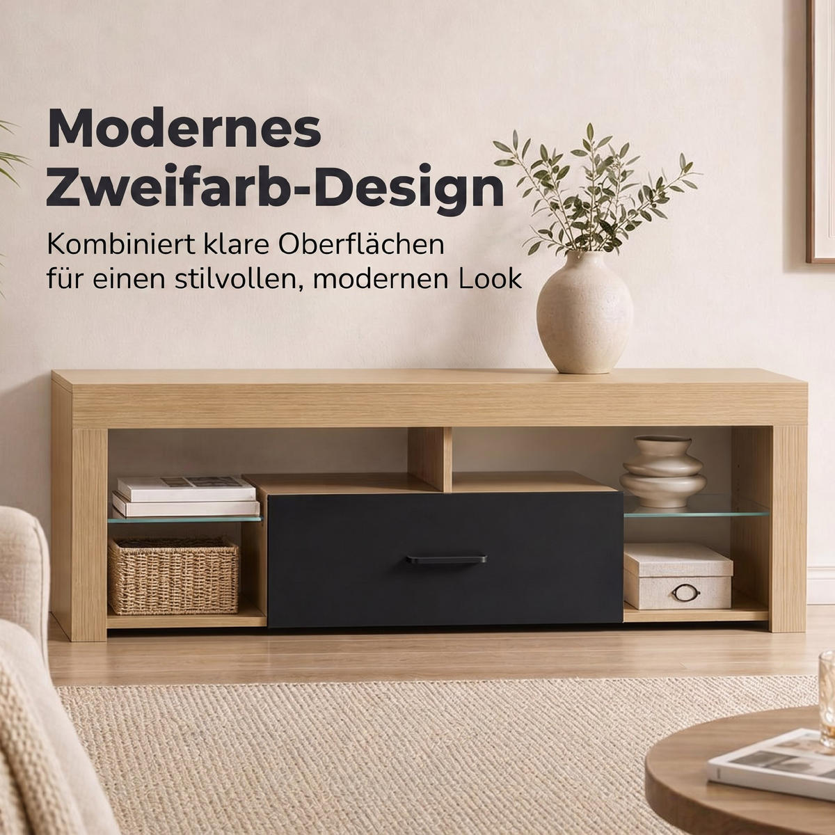 TV-LOWBOARD Spanplatte Glas Eiche - Eichefarben, Glas/Holzwerkstoff (40/45/140cm) - HOMCOM