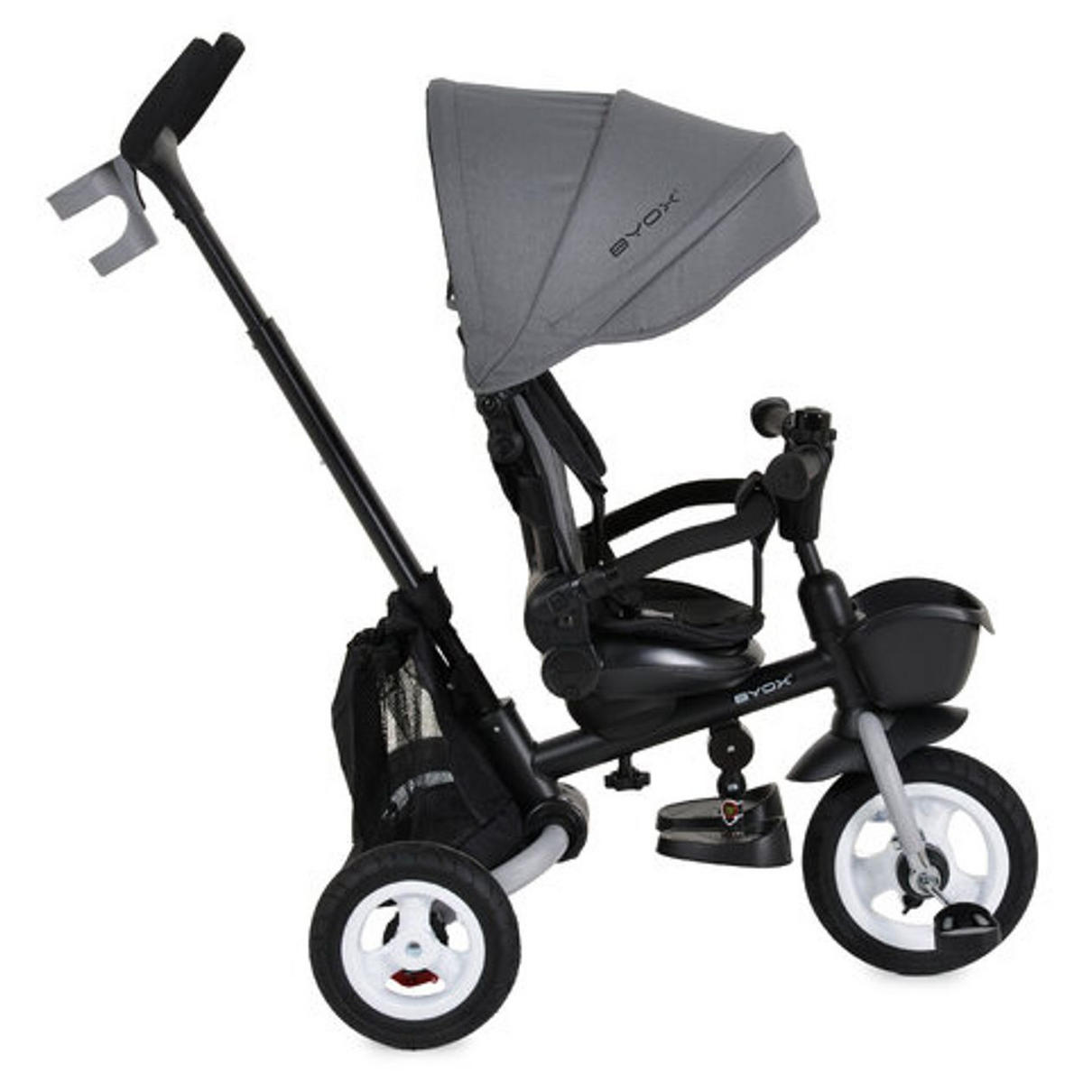 DREIRAD Flexy Lux 3 in 1 dunkelgrau Gummireifen, 360° drehbarer Sitz, Sonnendach, Getränkehalter - Grau, Metall (75/52/110cm)