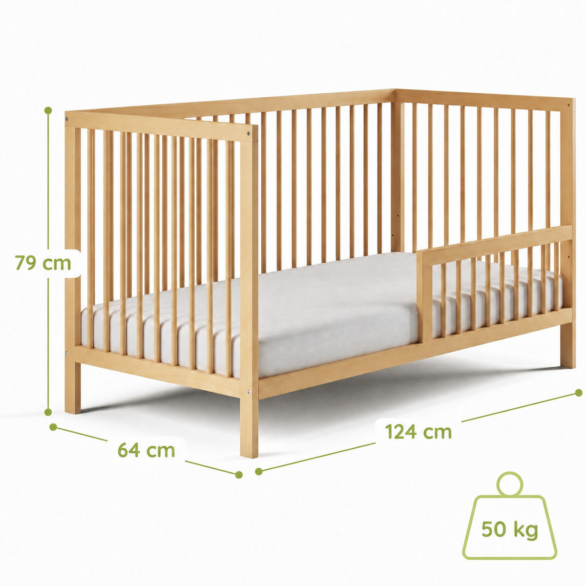 BABYPOSTÝLKA s poloviční boční zábranou 60x120 cm v přírodní barvě - přírodní, dřevo (60/120cm) - Kids Collective