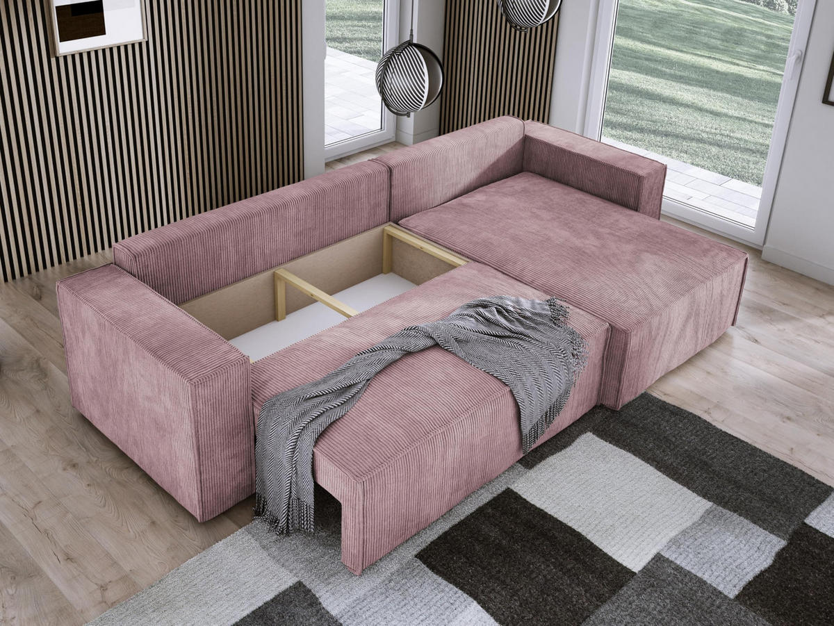 ECKSOFA POSO XL UNIVERSAL, Schlaffunktion und Lattenrost - L-Form, Cord, Federung auf Wellfedern, 274x143x83 cm, Rechts Pink - Pink, Holz/Textil (277/143cm) - DomoHome