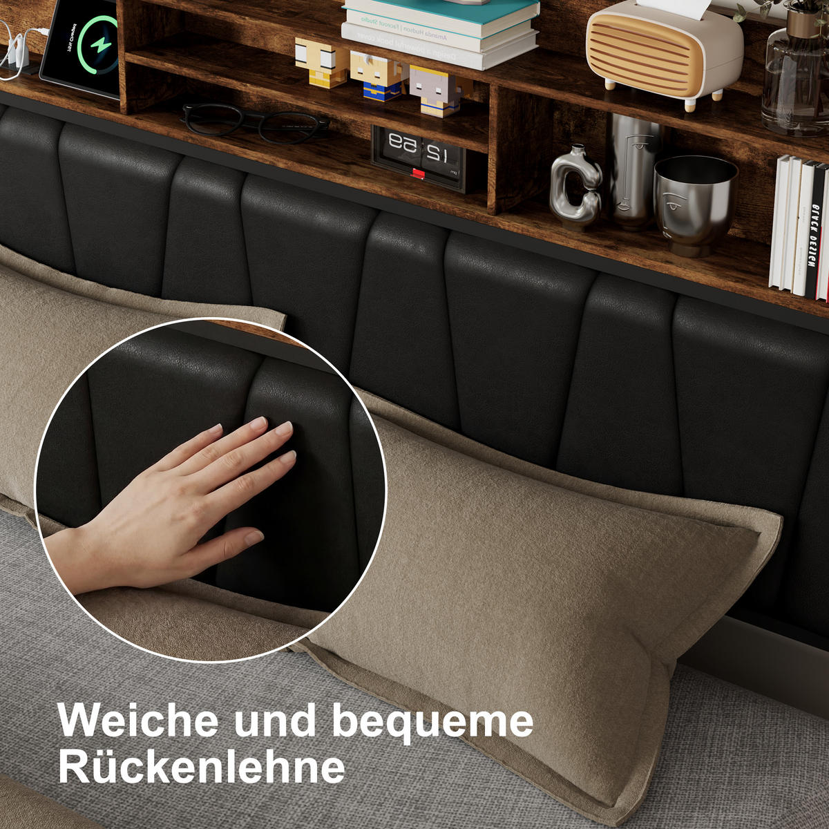 POLSTERBETT 140x200 cm, 4 Stauraumschubladen, LED-Leiste, Doppel-USB, in Braun - Braun, Holz (140/200cm) - BRILVERDE
