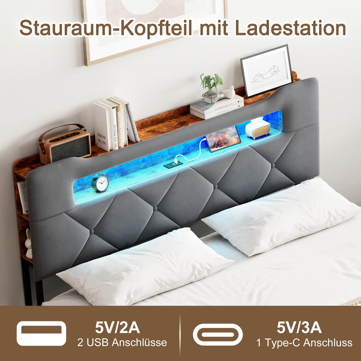 POLSTERBETT 140x200, jugendbett mit 4 Schubladen, LED, USB, Kopfteil, Lattenrost, samt, grau - Grau, Holzwerkstoff/Textil (140/200cm) - GENKI LIVING