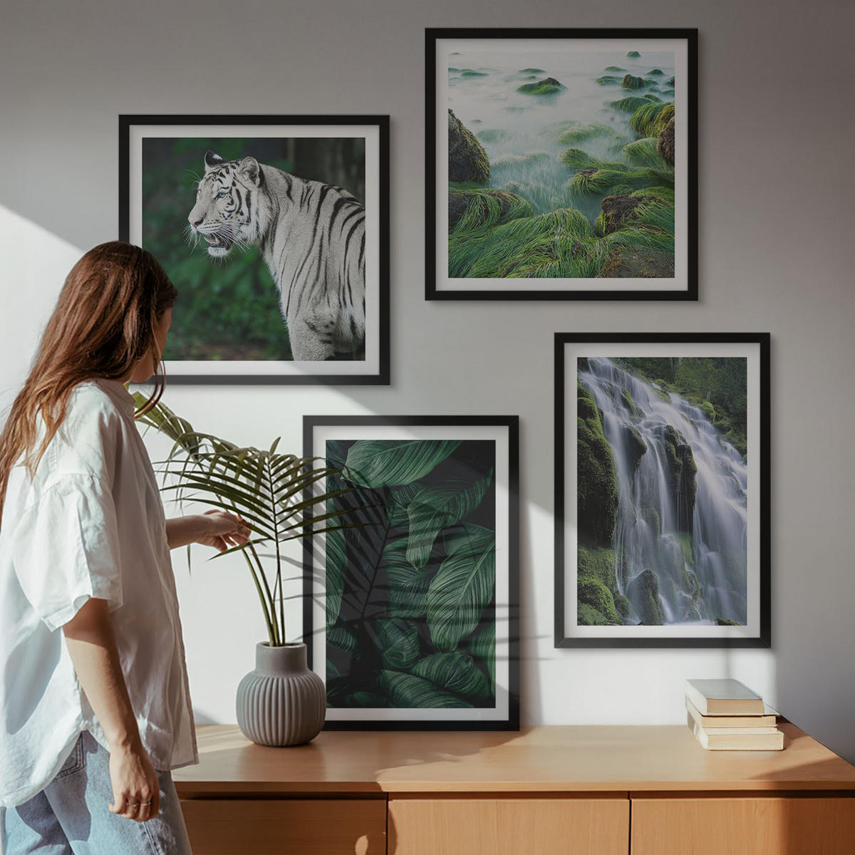 WANDBILDER 4er-Set - 50x50 cm & 40x60 cm Schwarzer Rahmen - Blätter des Weißen Tigerwasserfalls - Schwarz, Kunststoff (50/50cm) - ArtPrintCave