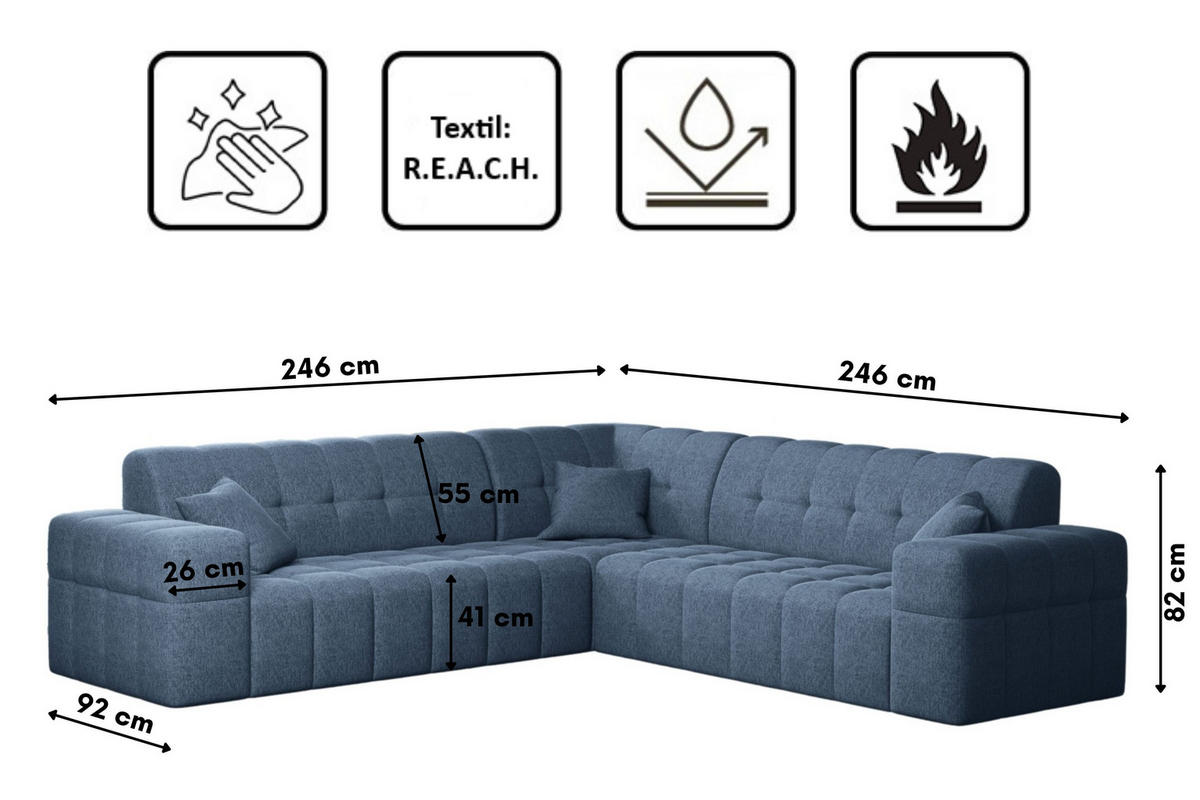 ECKSOFA Corner NIMES Stilvol Stoff Verita Marineblau - Blau, Holz (246/246cm) - Kaiser Möbel