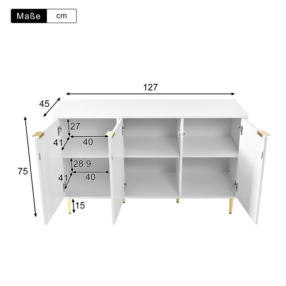 SIDEBOARD Weiß 127/45/75 cm - Weiß, Holzwerkstoff/Metall (45/75/127cm) - Urban Meuble