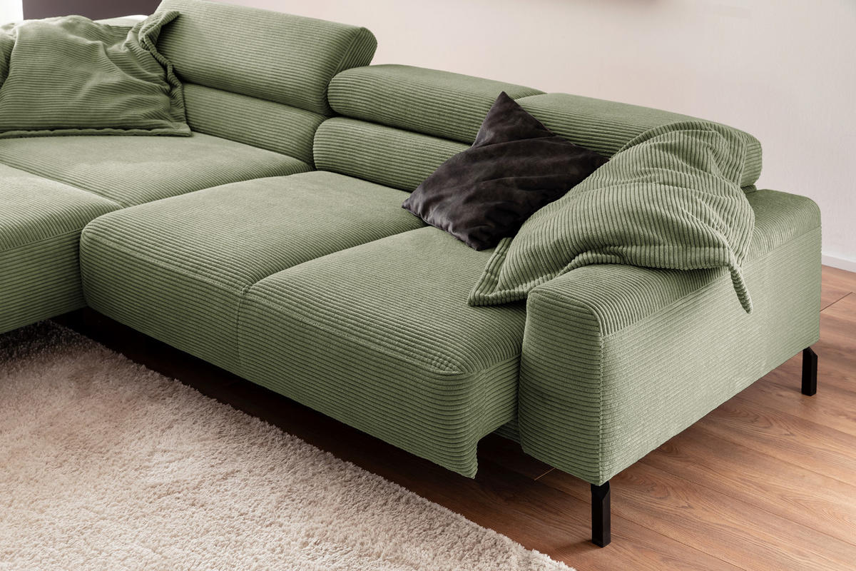 ECKSOFA MIT MOTORISCHEM SITZVORZUG DELIA Grün Cord - Schwarz/Grün, Textil/Metall (312/219cm) - KAWOLA