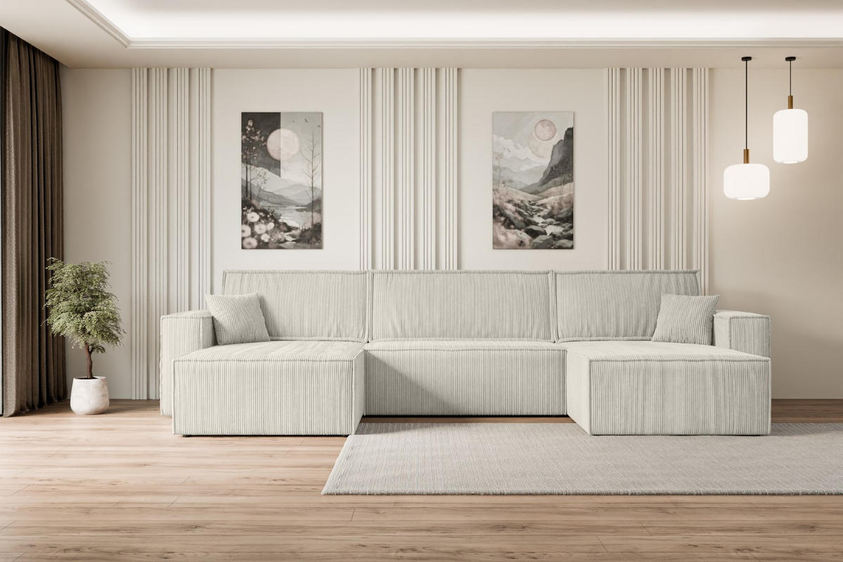WOHNLANDSCHAFT mit Schlaffunktion und Bettkasten CELTIC-XLU - 377x143x83 cm Creme Cord - Hellgrau/Creme, Holzwerkstoff/Kunststoff (377/83/143cm) - ALTDECOR