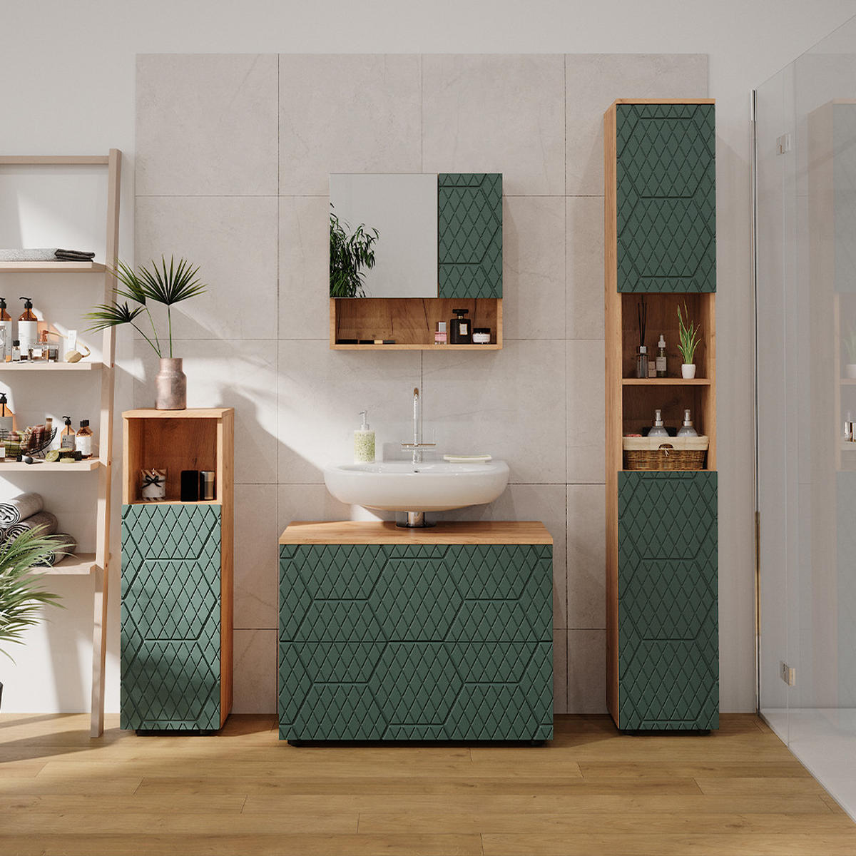 BADMÖBEL-SET Irma Grün 4 Teile, mit Schubladenschrank und Hochschrank - Honigeiche/Grün, Holzwerkstoff (80/58/41cm) - Vicco