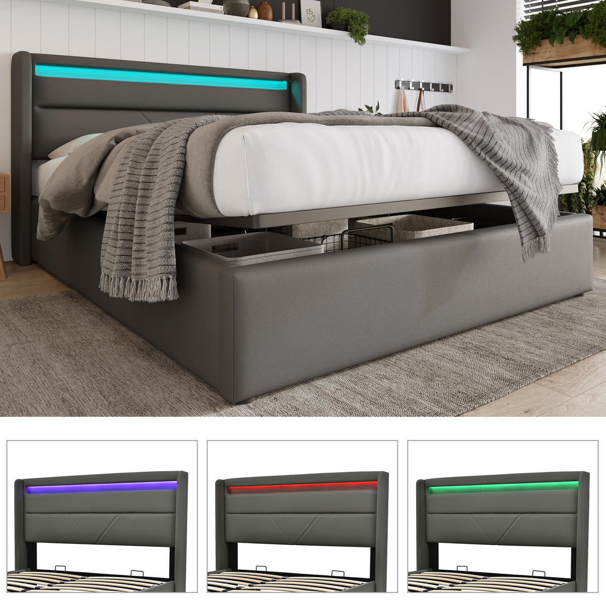 POLSTERBETT 140/200 cm grau mit hydraulischem Stauraum und LED-Beleuchtung - Grau, Kunststoff (140/200cm) - OKWISH