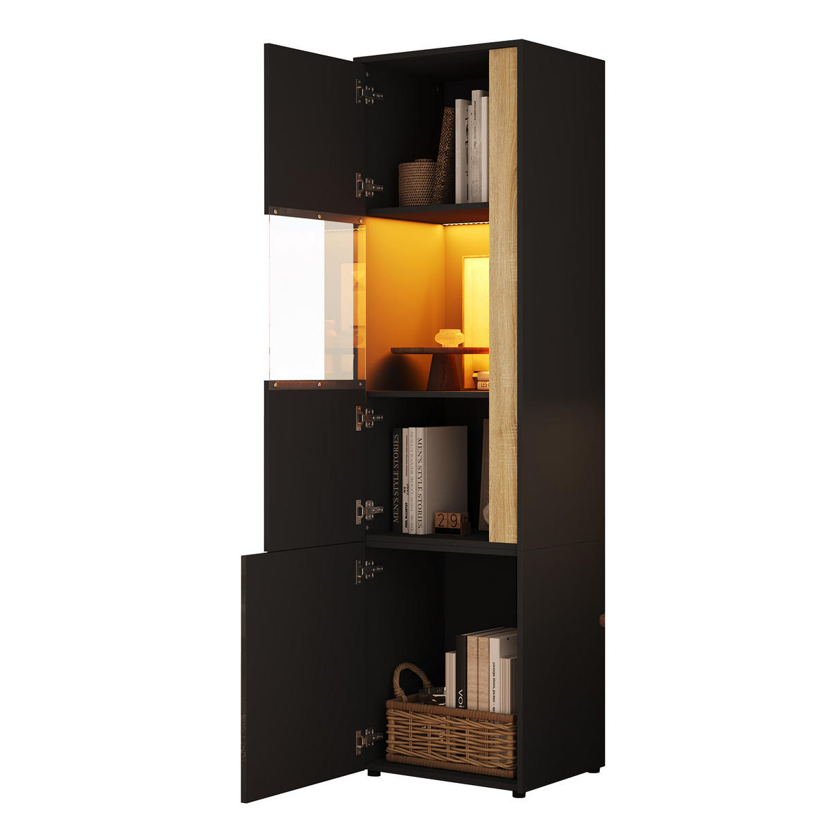 VITRINE 50x40x179 cm Schwarz Natur mit LED und 2 Türen - Schwarz, Holzwerkstoff (50/179/40cm) - FLIEKS