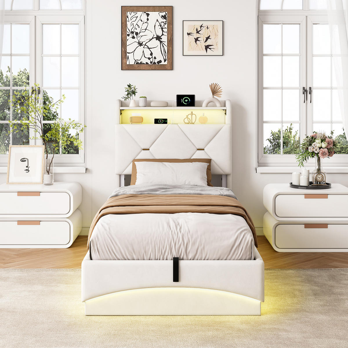 POLSTERBETT 90/200 cm Beige mit Bettkasten und LED-Beleuchtung - Beige, Holz (90/200cm) - SHOPENTRA