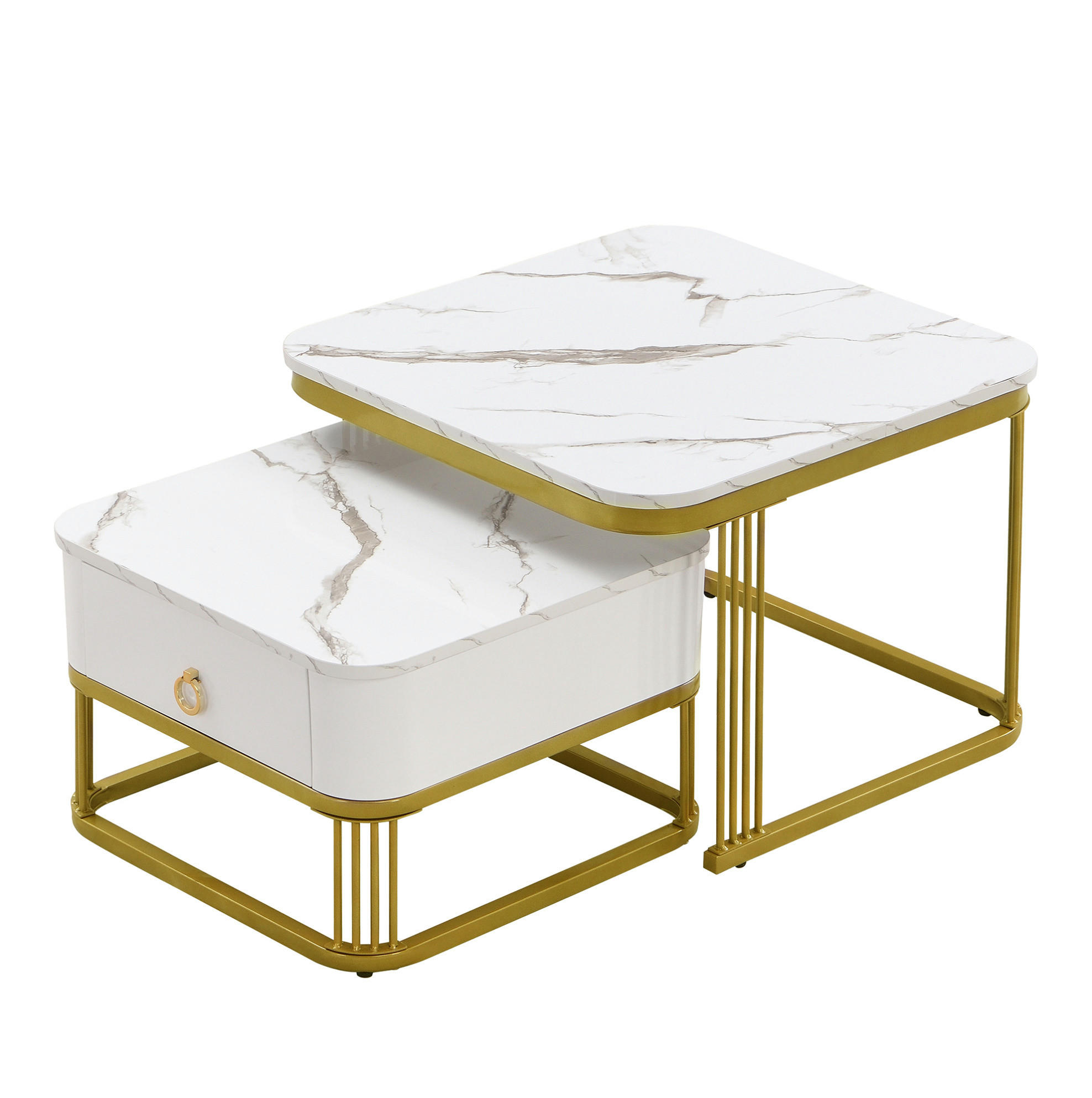 COUCHTISCH 60/60/45 cm + 50/50/34 cm weiß aus MDF mit Schublade - Weiß, Holzwerkstoff (60/60/45cm) - OKMYHOME