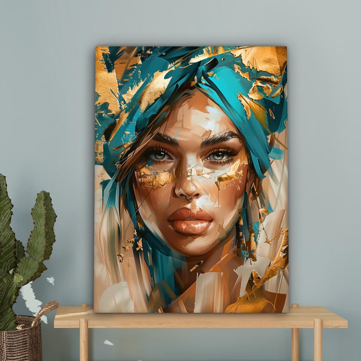 LEINWANDBILD - Frau - Porträt - Gold - Luxus - Blau - 60x80 - Gemälde - Türkis, Textil (60/80cm) - MuchoWow