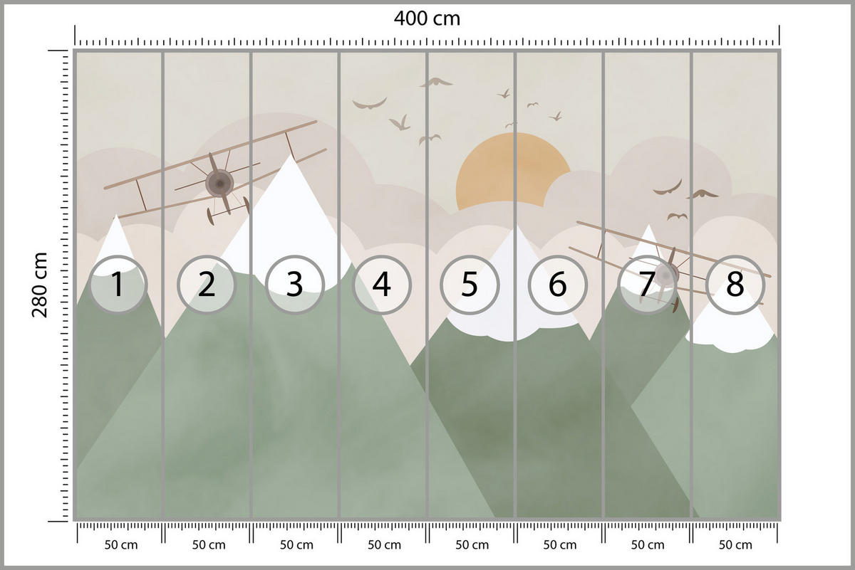 FOTOTAPETE für Kinderzimmer Berge Flugzeuge Wolken 400x280 - Beige/Orange, Papier (400/280cm) - Muralo