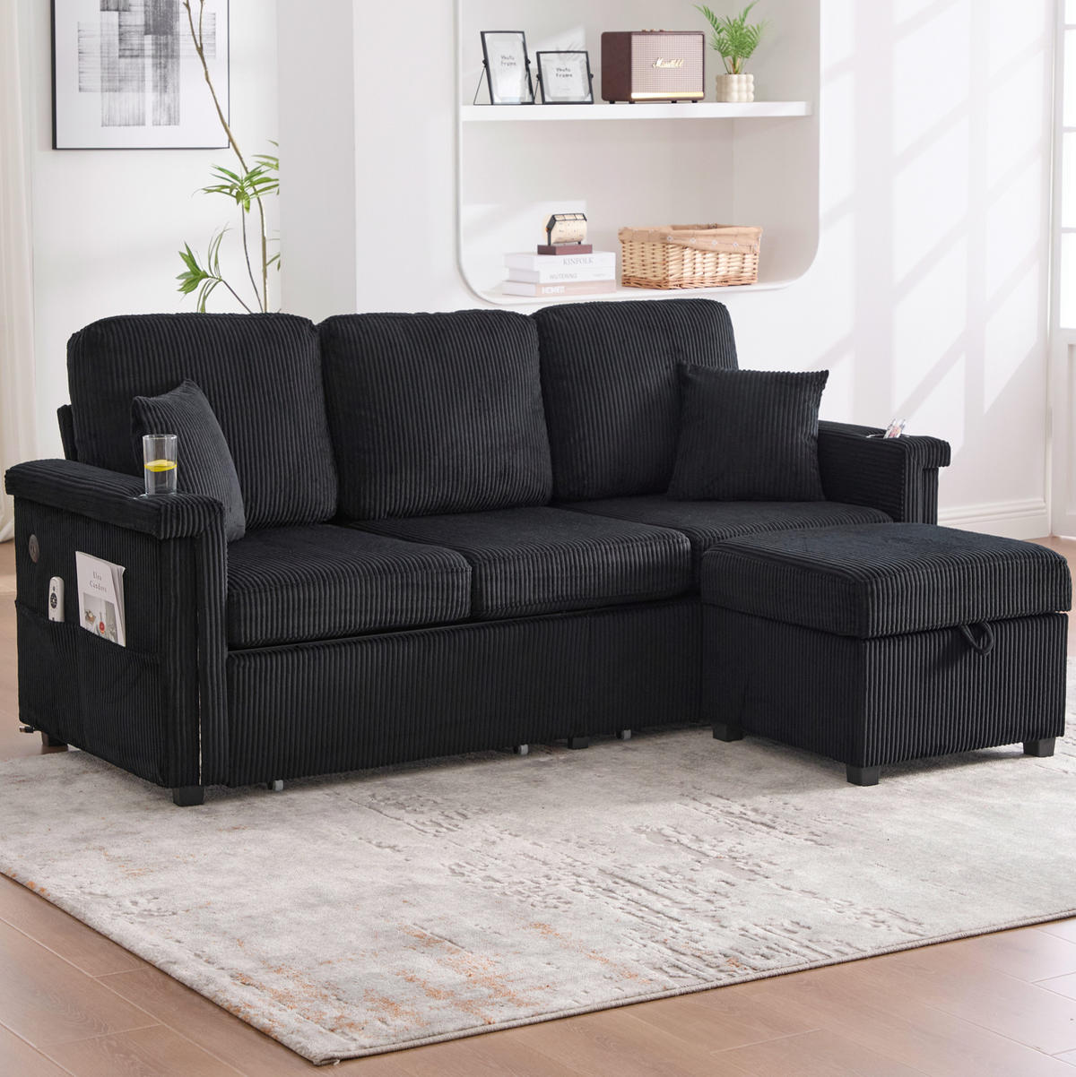 SOFA mit LED und USB/Type-C ca. 194 x 73 x 81 cm Corduroy Schwarz - Schwarz, Kunststoff (194/81/73cm) - Meubliv