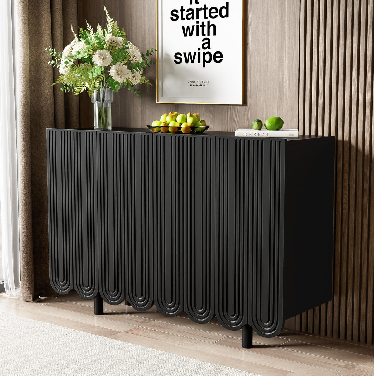 SIDEBOARD 120/37,5/80,8 cm in Schwarz mit 4 Türen und tropfenförmiger Front - Schwarz, Holzwerkstoff (120/37.5/80.8cm) - BEAOK