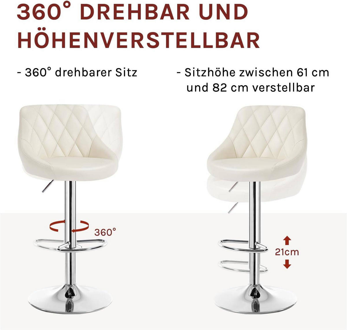 BARHOCKER 2er Set, Kunstleder,Höhenverstellbar, 360° Drehbar - Creme, Metall (47/104/39cm) - Woltu