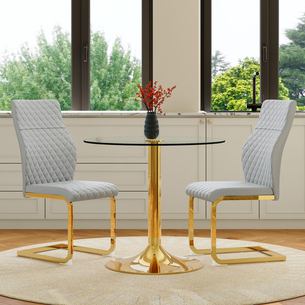 ESSGRUPPE DE-39470 3-teilig, Glastisch und 2 Stühlen mit Rautenmuster Hellgrau - Hellgrau, Metall (85/75/85cm) - ComfortXL