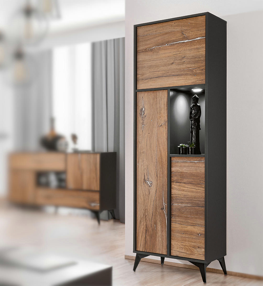 HIGHBOARD ORVIETO WIT3D, 3 Türen, 7 Schließfächer, Eiche, Anthrazit, Weiß LED Beleuchtung - Eichefarben/Anthrazit, Holzwerkstoff (50.6/178/40cm) - Komodee