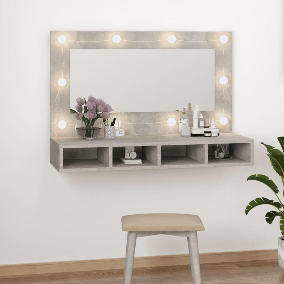 WANDSPIEGEL MIT LED BETONGRAU 90X31,5X62 CM - Hellgrau, Holz (90/62/31.5cm) - vidaXL