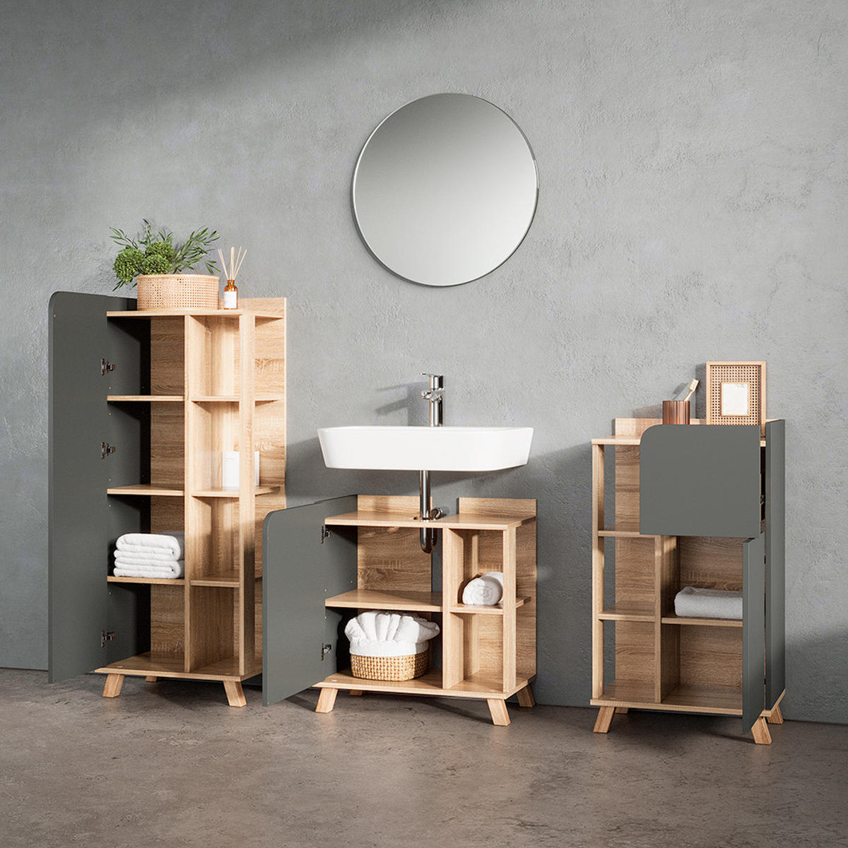 BADMÖBEL-SET Marano Anthrazit 4 Teile - Anthrazit/Sonoma Eiche, Holzwerkstoff (35/65/60cm) - Livinity®