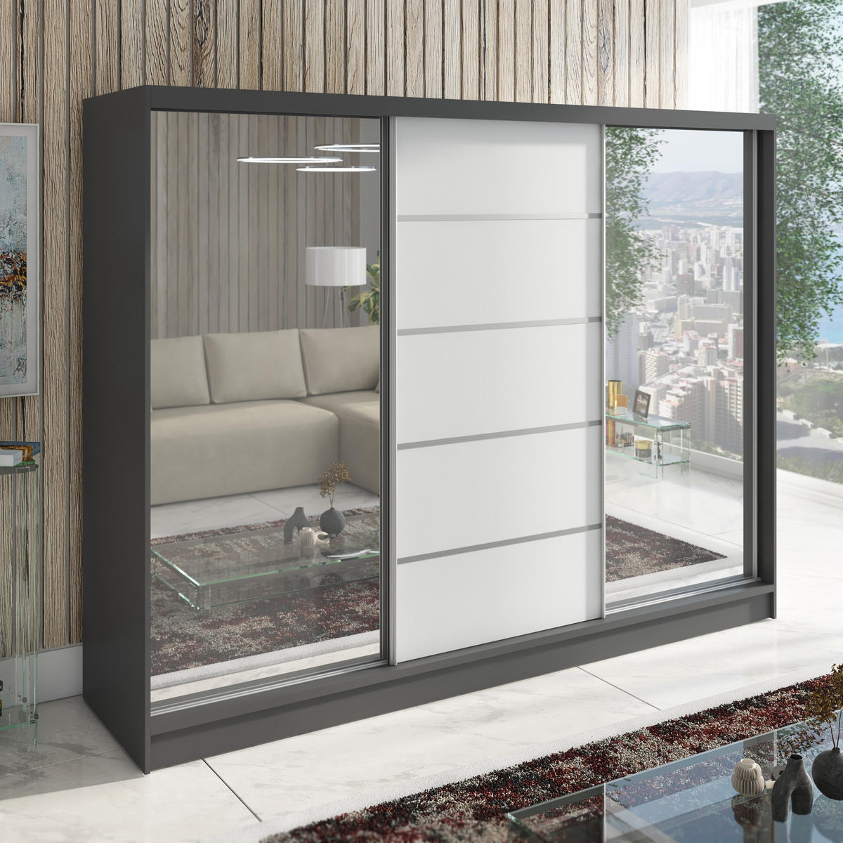 SCHWEBETÜRENSCHRANK 200 CM TOP Farbe: Graphit, Weiß - Graphitfarben/Weiß, Holzwerkstoff (200/215/60cm) - A&J MöbelLand