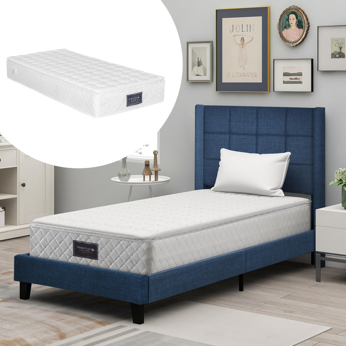 POLSTERBETT 90/200 cm DE-00170, in Blau, Kopfteil und Federkernmatratze - Blau, Metall (90/200cm) - ComfortXL