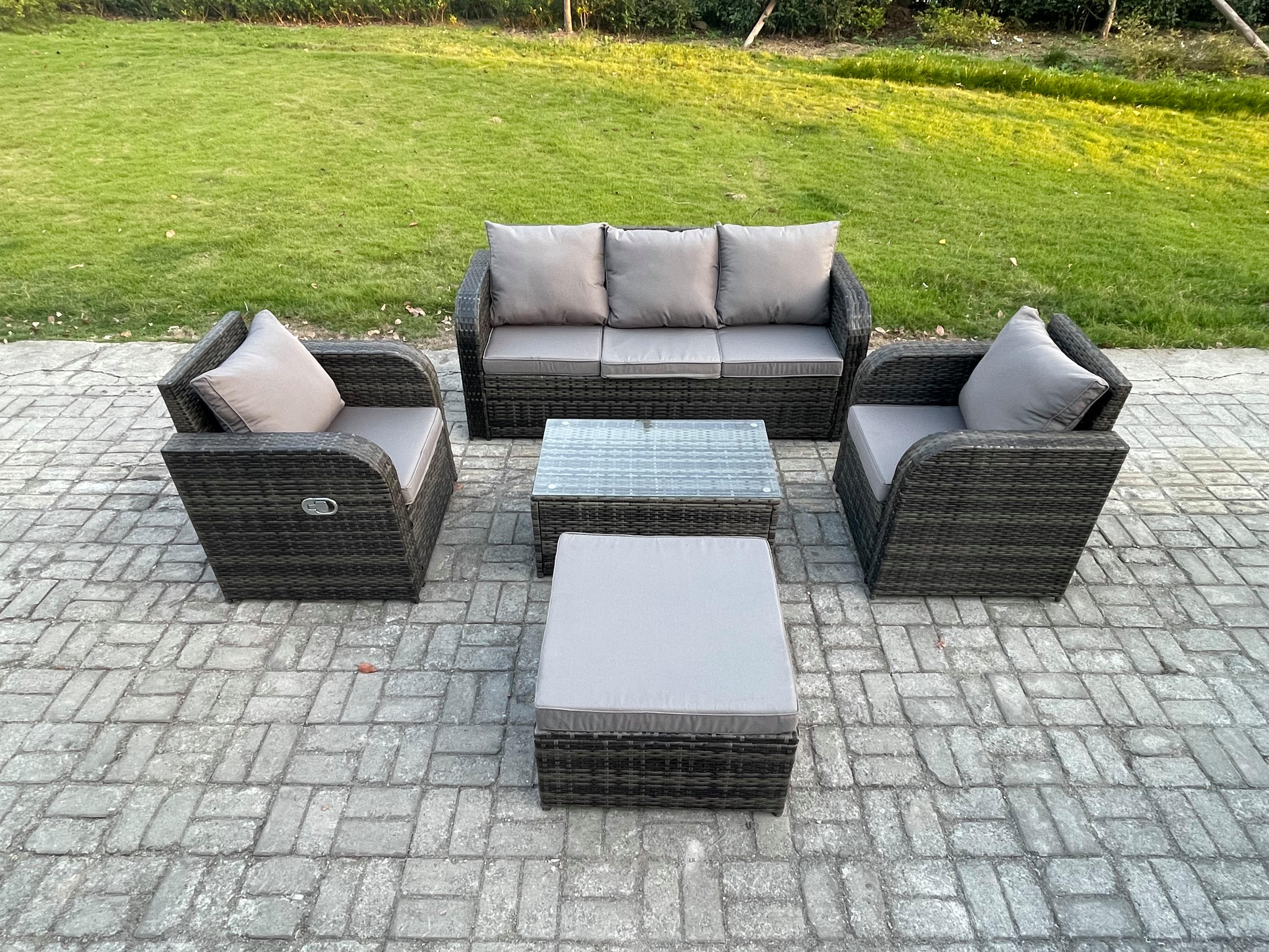 GARTENMÖBELSET mit Couchtisch Polyrattan 6-Sitzer - Dunkelgrau/Grau, Glas/Kunststoff - Fimous