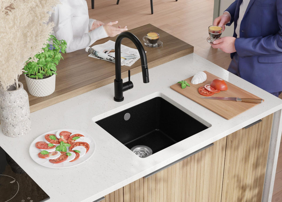 UNTERBAUSPÜLE GRANIT Venedig Easy, 2-er set Alles Schwarz 46/44 cm 1 Becken + Ablauf-Set ab 50er Unterschrank - Schwarz, Kunststoff (46/20/44cm) - Primagran